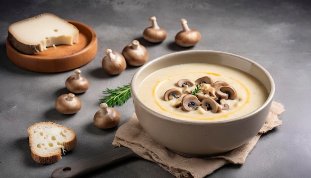 Soup puree with mushrooms and cheese on a concrete background