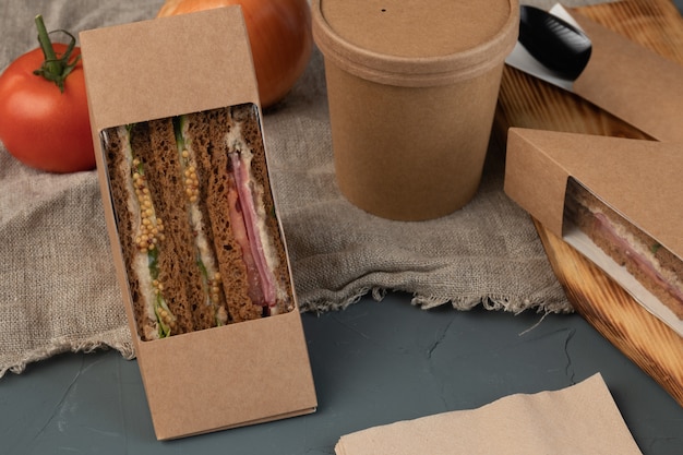 Soup and sandwiches in eco packaging