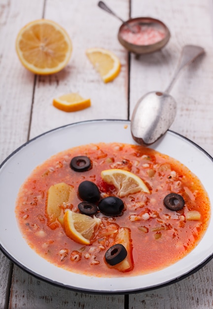 Soup Solyanka, Russian kitchen.