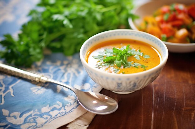 사진 토마토 바질 수프 와 파슬리 가 있는 그  에 킨 에 놓인 수프 스