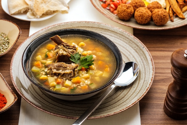 Soup with beef, chickpea and vegetables,