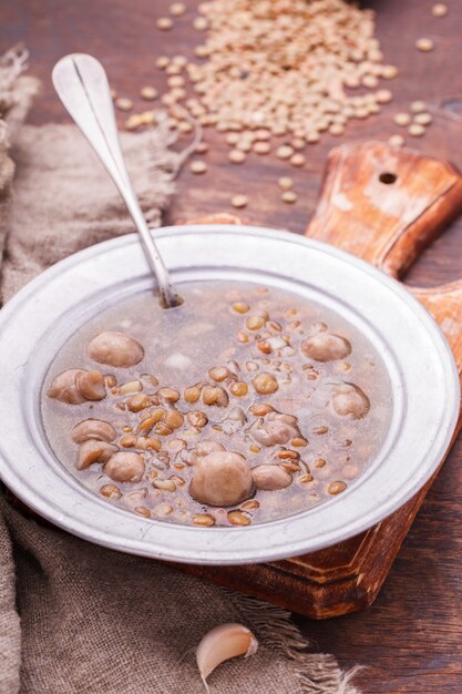 Soup with lentils and mushrooms