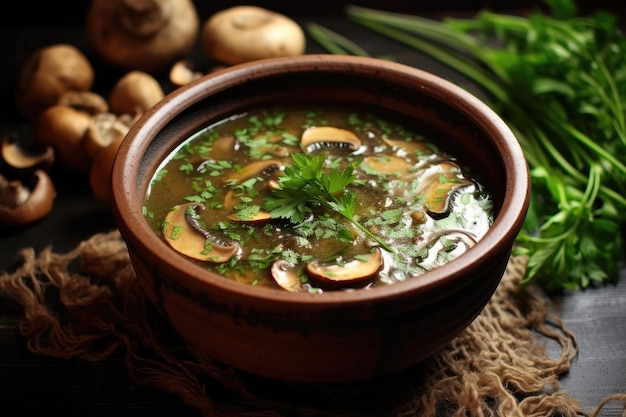 Soup with mushrooms parsley and fungi