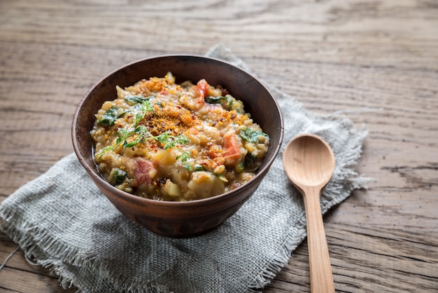 Soup with red lentils and spinach