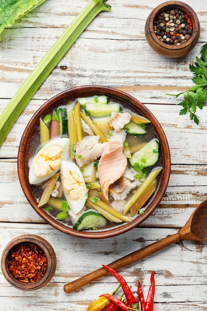 Soup with rhubarb and fish