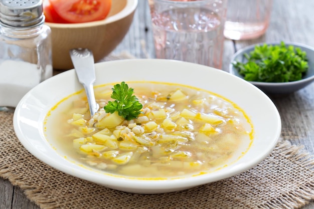 Soup with salted cucumbers and pearl barley