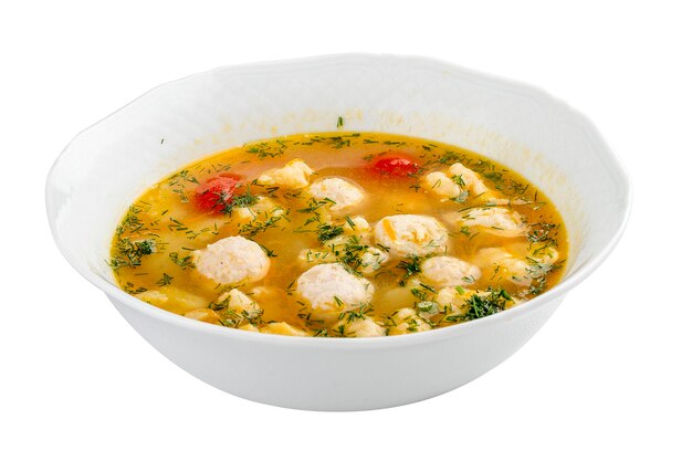 Soup with turkey meatballs On a white background