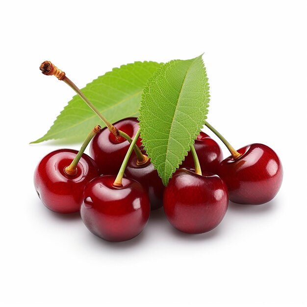 Sour Cherries with Leaves on White Background