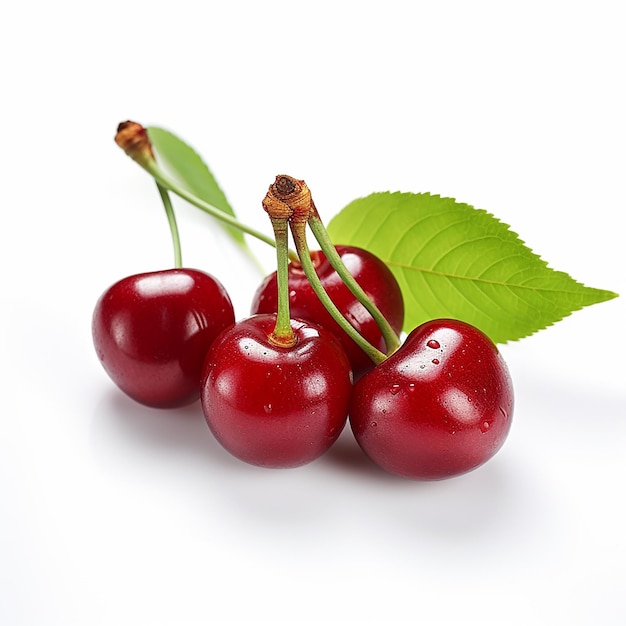 Sour Cherries with Leaves on White Background