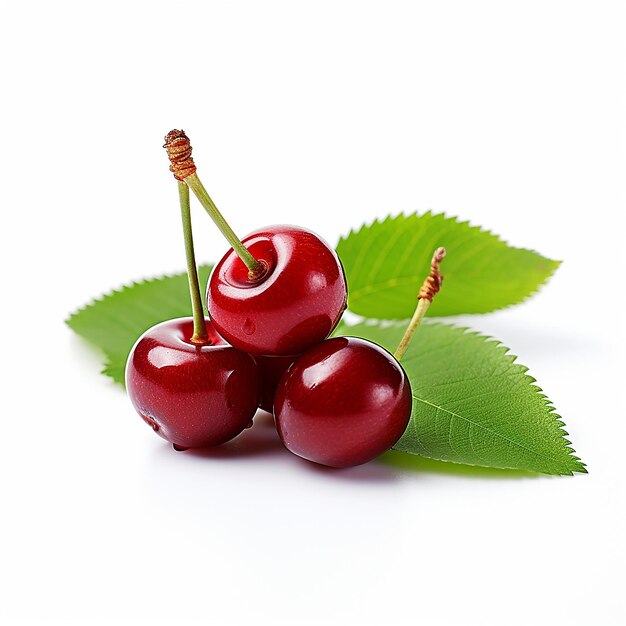 Sour Cherries with Leaves on White Background