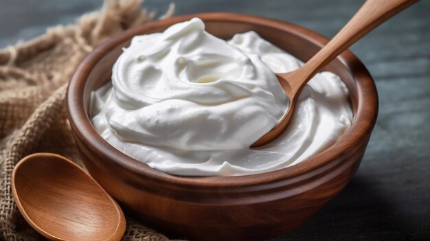 Photo sour cream close up greek yogurt with spoon