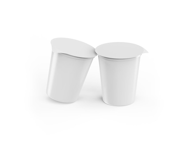 흰색 배경에 호일 뚜껑이 있는 사워 크림 컵