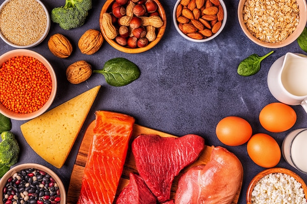 Sources of healthy protein - meat, fish, dairy products, nuts, legumes, and grains.