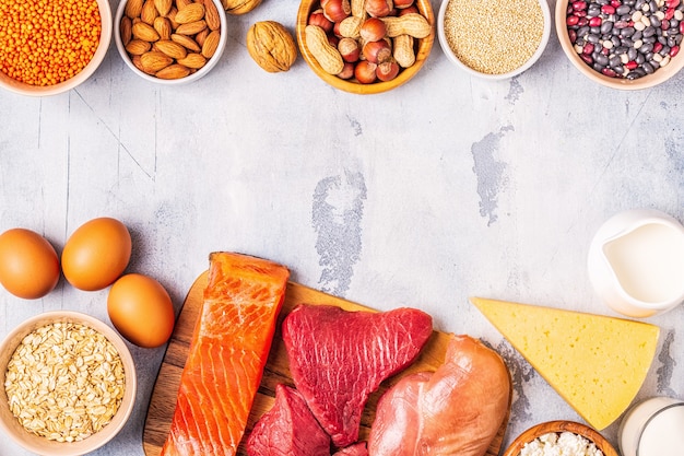 Sources of healthy protein - meat, fish, dairy products, nuts, legumes, and grains.