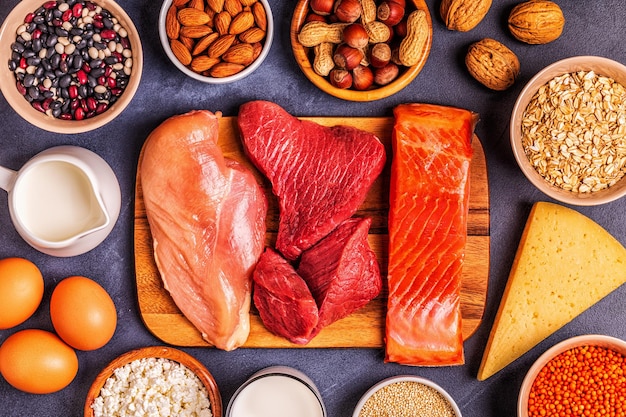 Sources of healthy protein - meat, fish, dairy products, nuts, legumes, and grains.