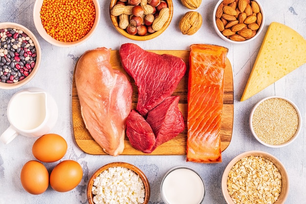 Sources of healthy protein - meat, fish, dairy products, nuts, legumes, and grains.