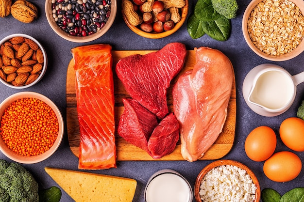 Sources of healthy protein - meat, fish, dairy products, nuts, legumes, and grains.