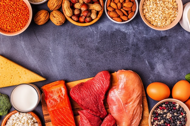 Sources of healthy protein - meat, fish, dairy products, nuts, legumes, and grains.