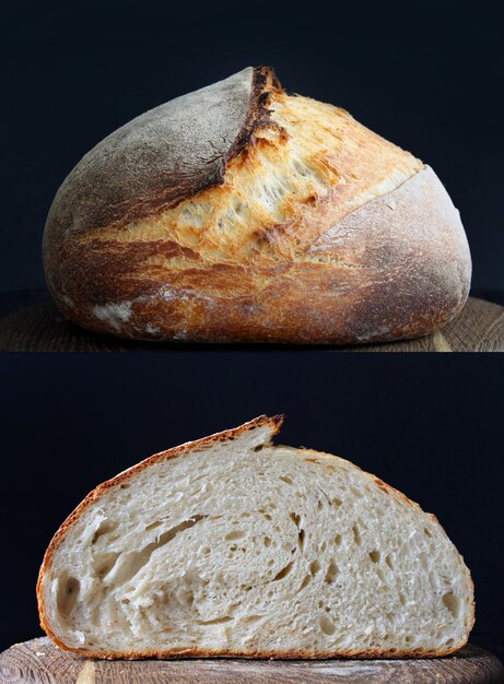 Sourdough bread in blue pan on black background homemade bread food photography high quality