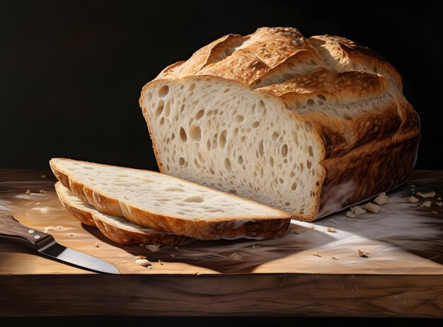 Sourdough bread with crispy crust on wooden shelf Bakery goods Sliced rustic bread Cut a loaf