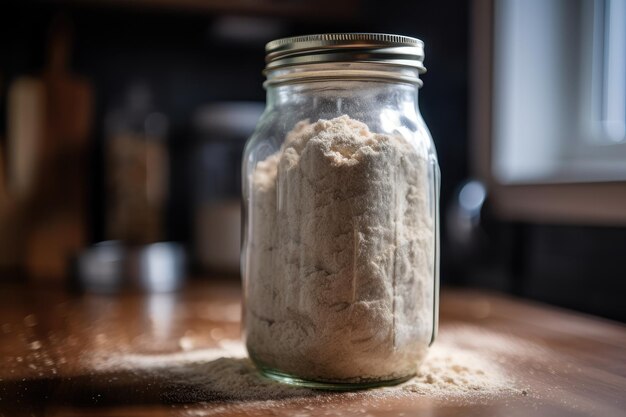 Sourdough starter thriving in jar with room for growth created with generative ai