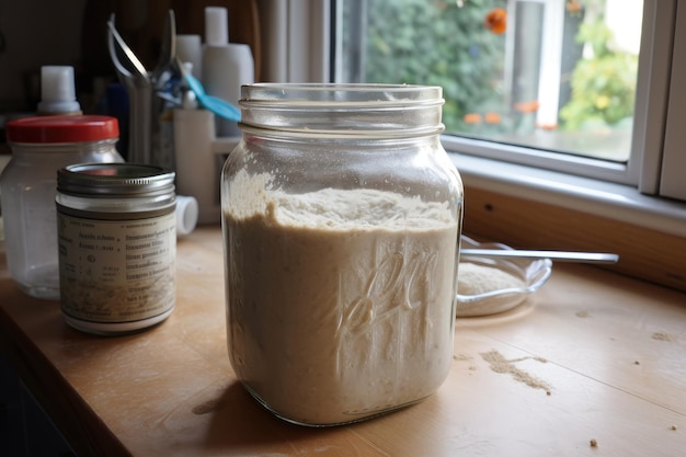 Sourdough starter with clear liquid refreshment and dense chewy dough created with generative ai