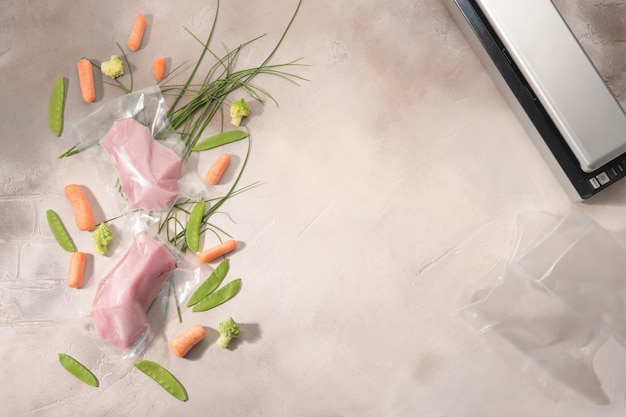 Sous Vide cooking concept Vacuum packed ingredients arranged on light background