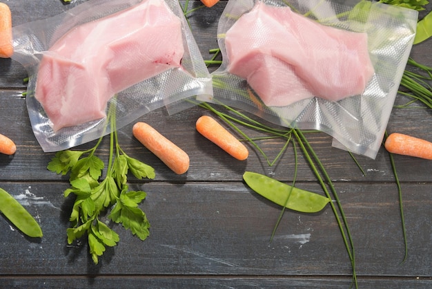 Sous Vide kookconcept Vacuümverpakte ingrediënten gerangschikt op houten geverfde achtergrond