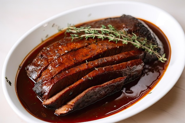 Sousvide brisket braised in rich beef broth with herbs and spices created with generative ai