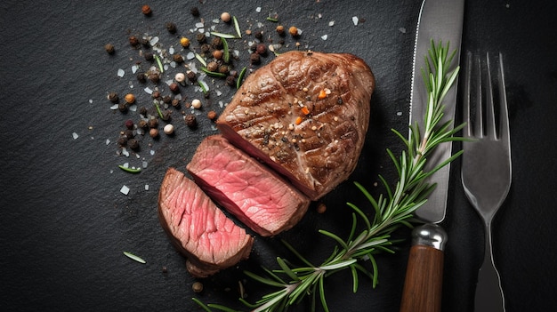 Photo sousvide grilled beef steak with fork and herbs