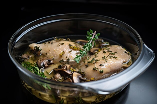 Sousvide kip gekookt in smaakvolle bouillon met champignons en kruiden gemaakt met generatieve ai