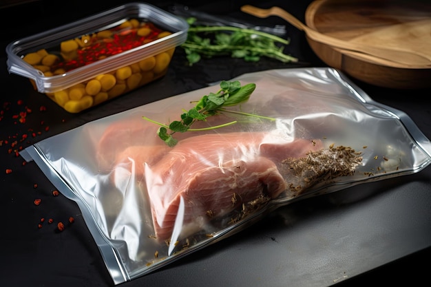 Sousvide oven bag filled with ingredients and ready to be cooked created with generative ai