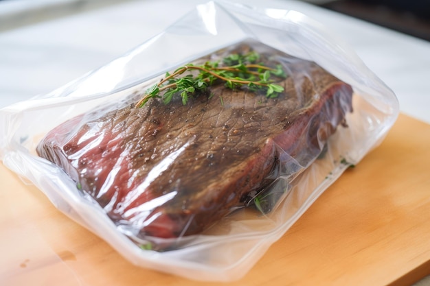 Sousvide zijsteak gekookt tot sappige perfectie in vacuümzak gemaakt met generatieve AI