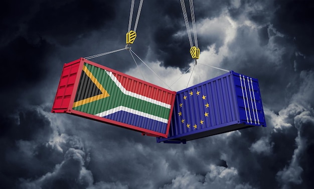 南アフリカとヨーロッパの貿易戦争の概念が衝突する貨物コンテナdレンダリング