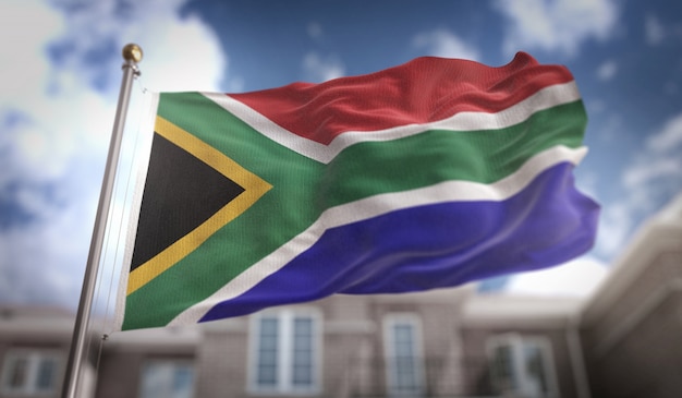 South africa flag 3d rendering on blue sky building background