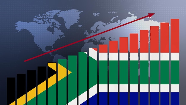 South Africa flag on bar chart concept with increasing values economic recovery and business improving after crisis and other catastrophe as economy and businesses reopen again