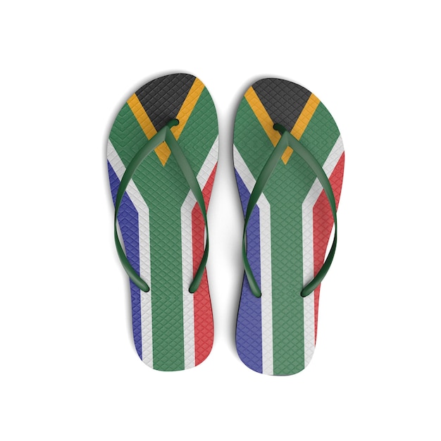 白い背景の上の南アフリカの旗のビーチサンダル3Dレンダリング