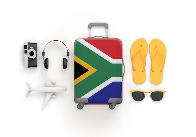 La valigia della bandiera del sud africa e gli accessori da viaggio posano il rendering piatto d