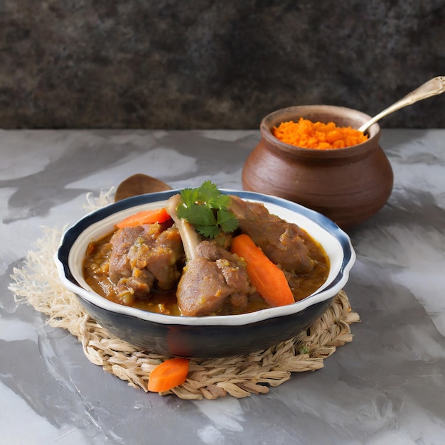 South African fast food dish bunny chow curry with meat and vegetables in white bread on a light background