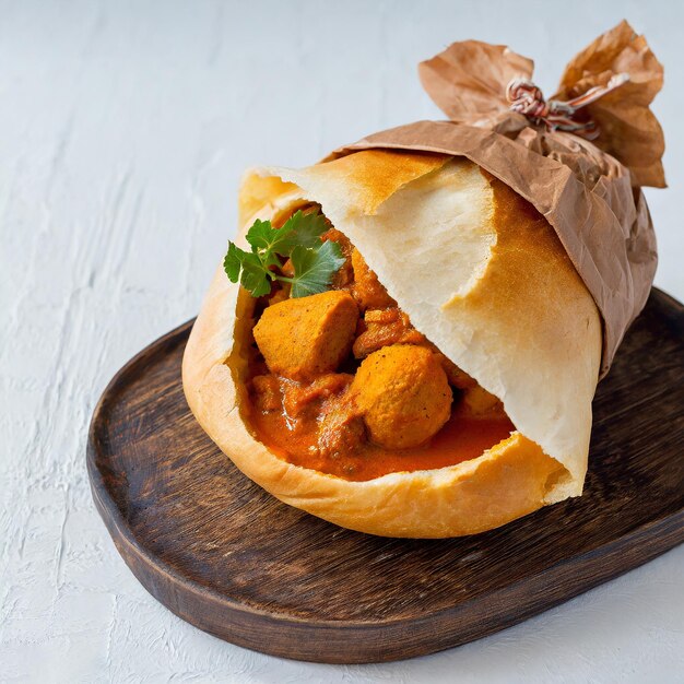 Photo south african fast food dish bunny chow curry with meat and vegetables in white bread on a white background