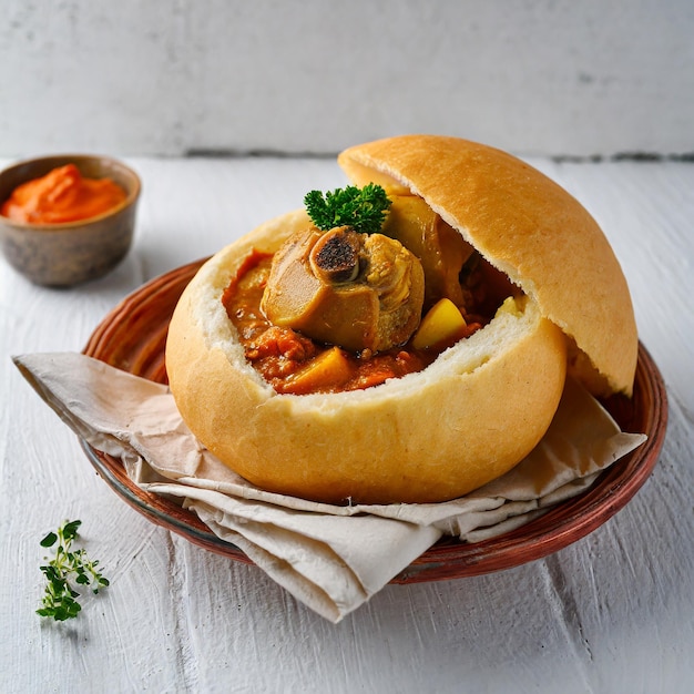 Photo south african fast food dish bunny chow curry with meat and vegetables in white bread on a white background