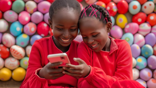 South African females young adults smiling at phone easter eggs red