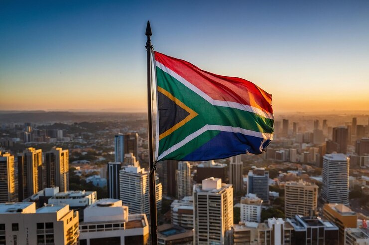 Photo south african flag waving against a city blurred background at sunrise