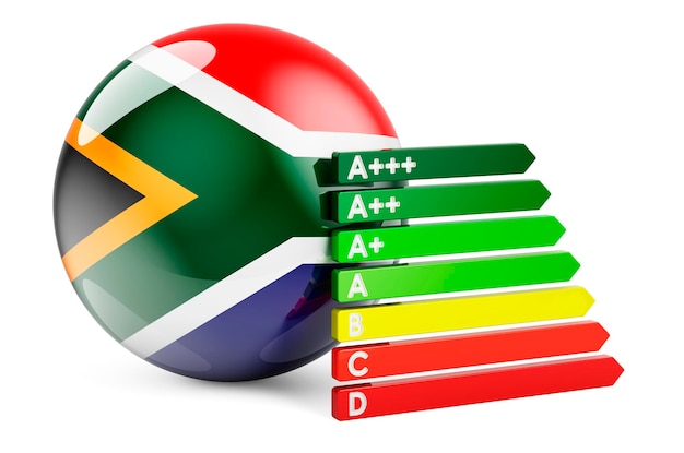 South African flag with energy efficiency rating Performance certificates in South Africa concept 3D rendering