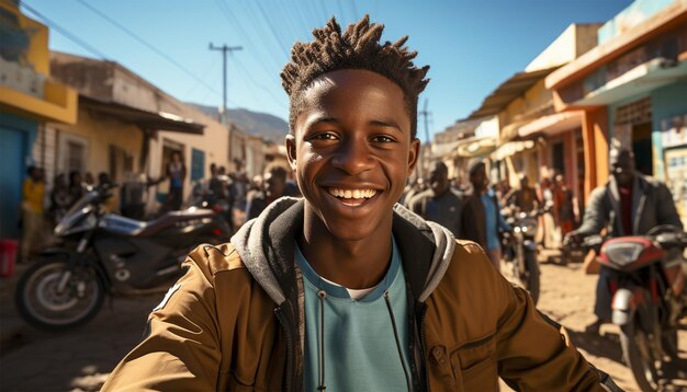 South African teenager boy taking a selfie with smartphone in Botswana trendy black teenager