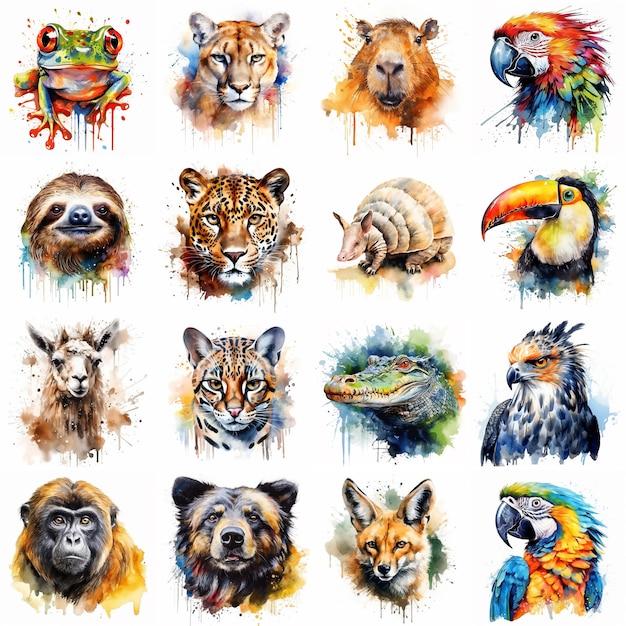 South american animal set painted with watercolors on a white background in a realistic manner