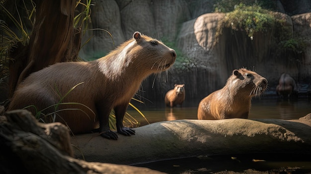 South American exhibit showcasing capybaras offers a delightful opportunity to observe these social intelligent creatures in their natural habitat Generated by AI