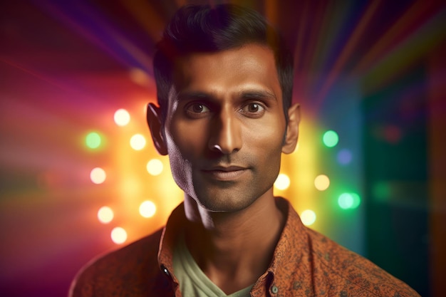 South Asian male portrait Cheerful adult man with colorful lights background Generate ai