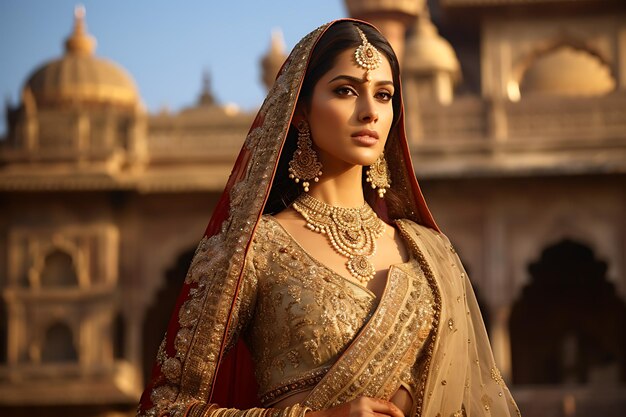 A South Asian woman in an opulent bridal lehenga set against a grand Indian palace