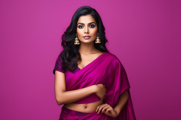 A South Asian woman in a traditional sari standing before a bright fuchsia studio background